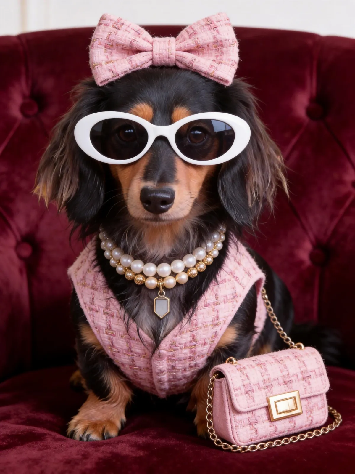Un teckel porte un nœud rose, des lunettes de soleil blanches, un collier de perles et une tenue rose assortie.