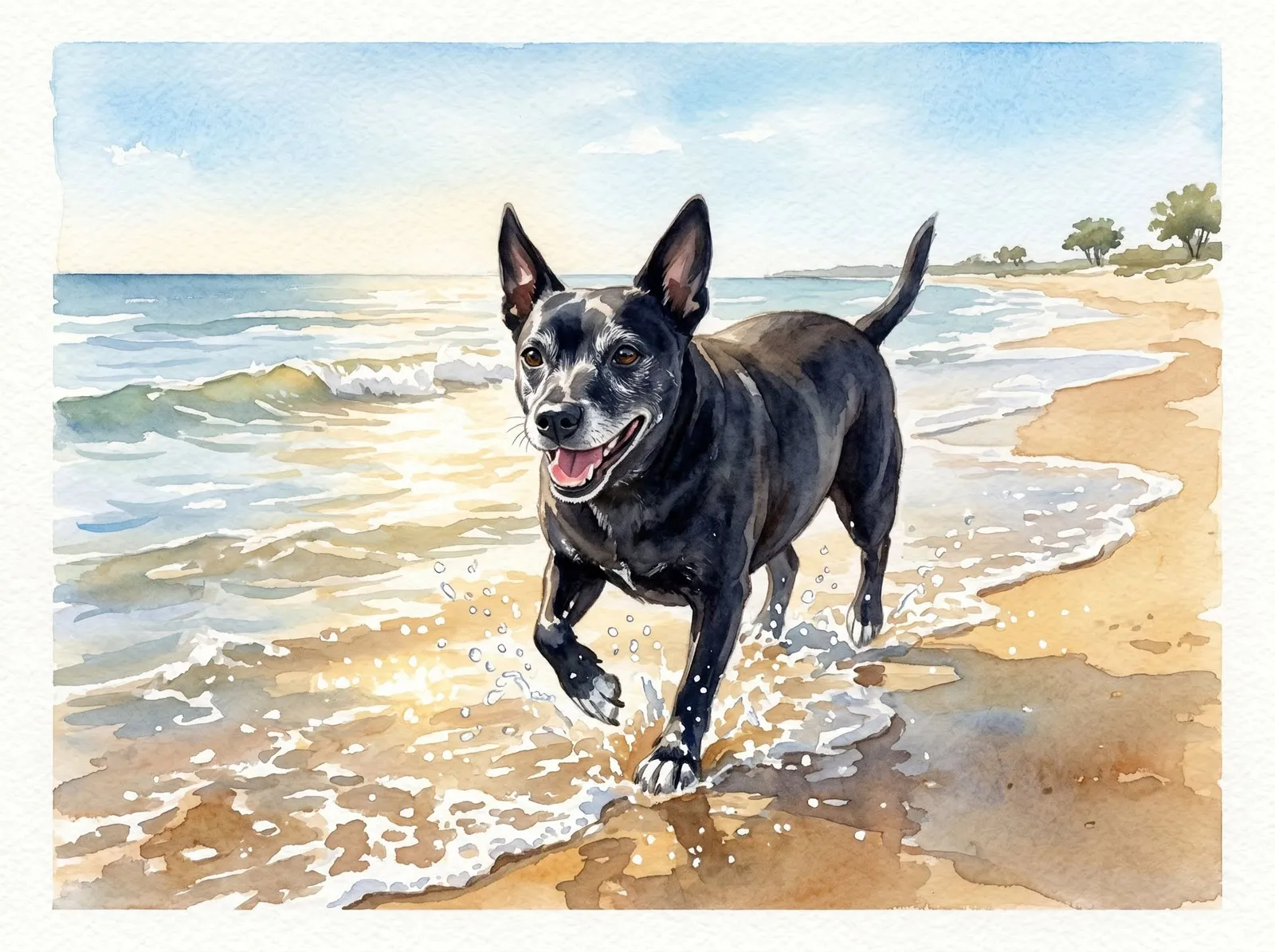 Une peinture à l’aquarelle montre un chien noir courant joyeusement sur une plage de sable près des vagues.