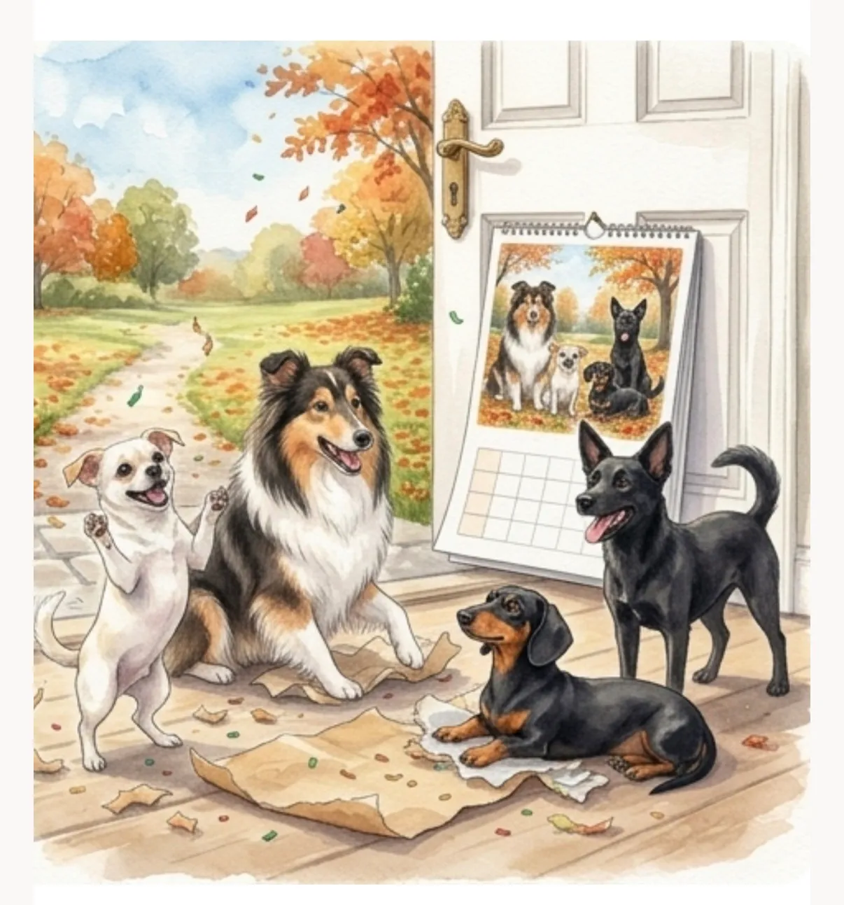 Quatre chiens sont assis près d’une porte ouverte où est accroché un calendrier Aquarelle imprimé avec la même scène.
