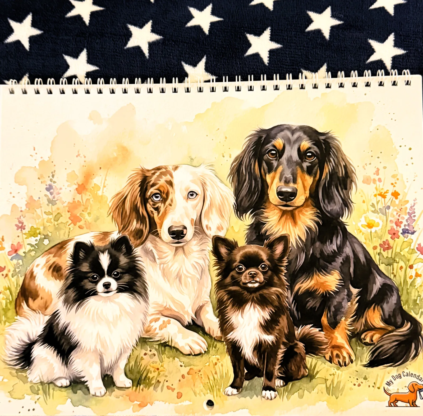A close-up view of the printed Watercolor calendar showing an illustration of four dogs in a field of flowers.