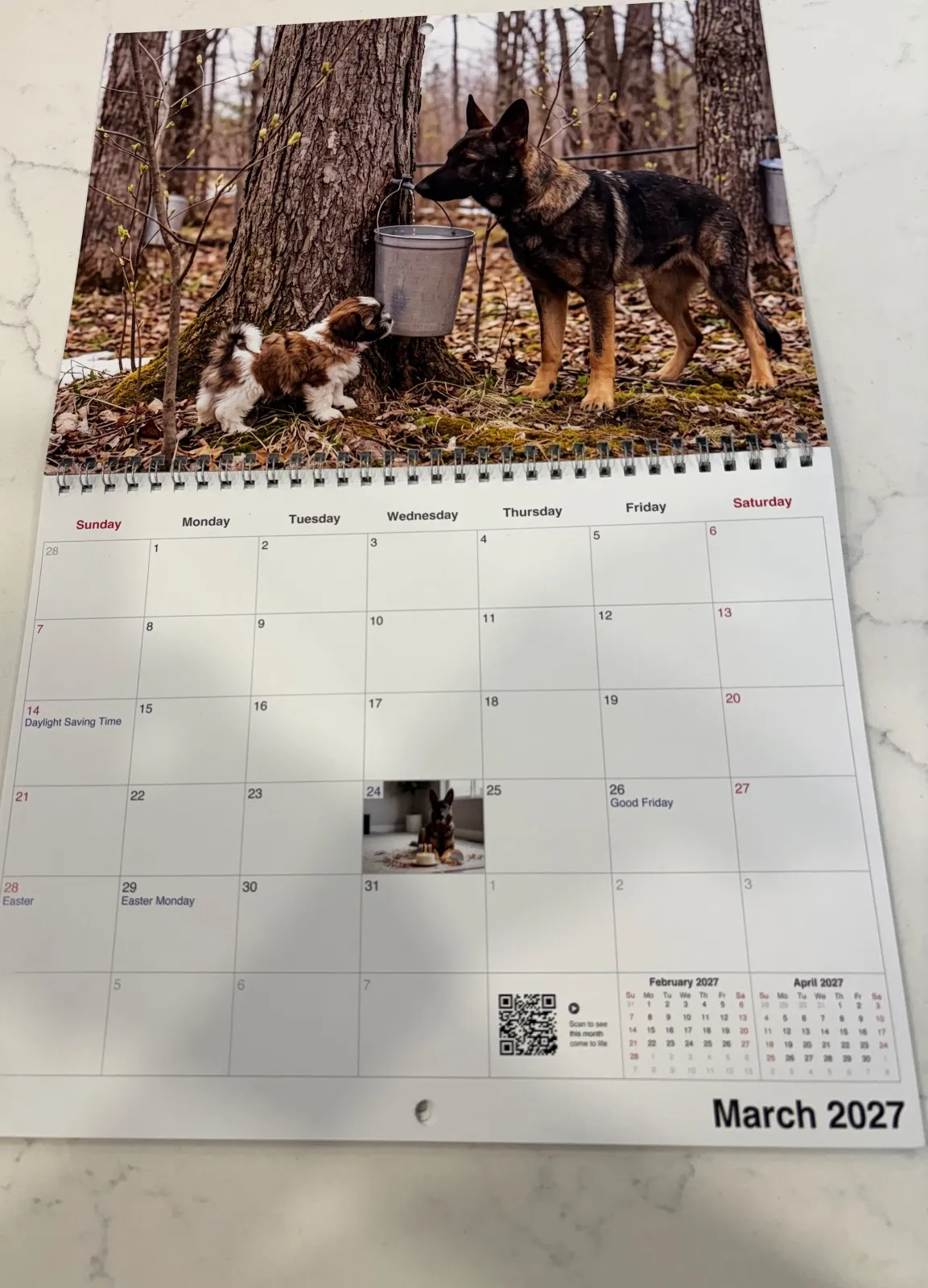 Un calendrier Canadien imprimé ouvert montre un berger allemand et un shih tzu dans le bois.