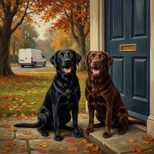 Un tableau style Peinture à l’huile montrant deux Labrador Retrievers assis dehors près d’une porte foncée en automne.