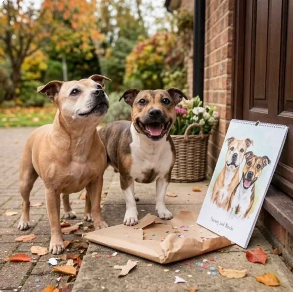 Deux chiens se tiennent sur un patio près d’un colis ouvert contenant un calendrier Adorable imprimé.