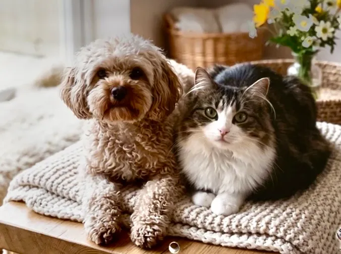 Un chien beige frisé et un chat à poils longs sont couchés ensemble sur une couverture tricotée.