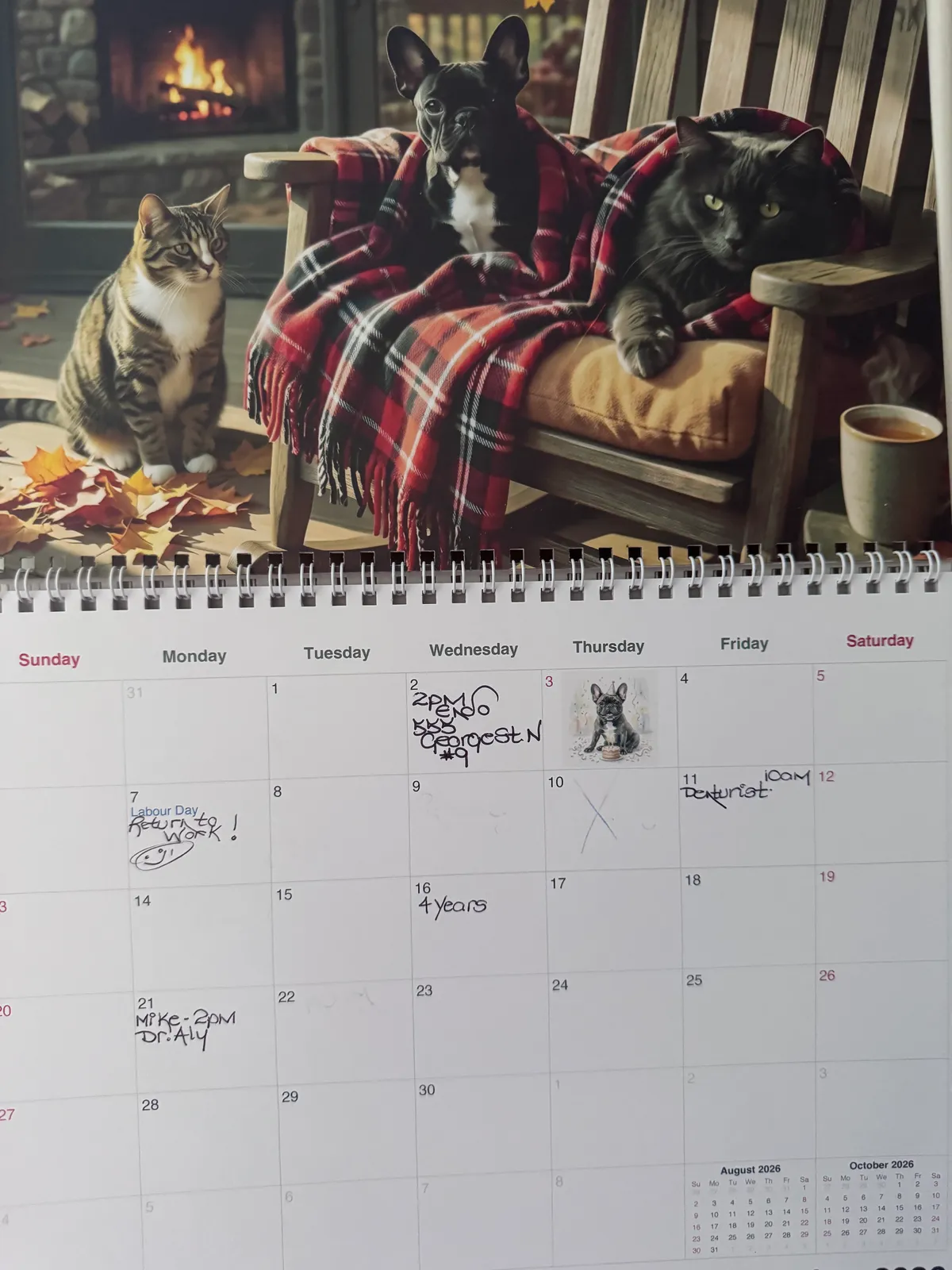 Un calendrier Adorable imprimé montrant des animaux près d’un foyer et une grille mensuelle remplie de notes.