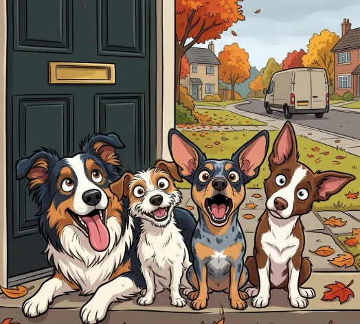A cartoon illustration of four dogs sitting together in front of a house door.