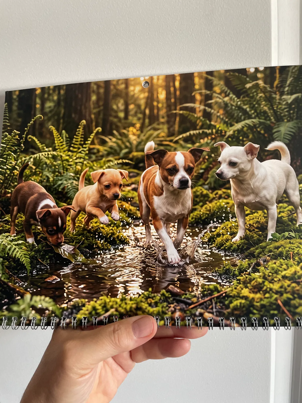 Les mains de quelqu’un tiennent un calendrier imprimé montrant quatre chiens jouant dans un ruisseau en forêt.