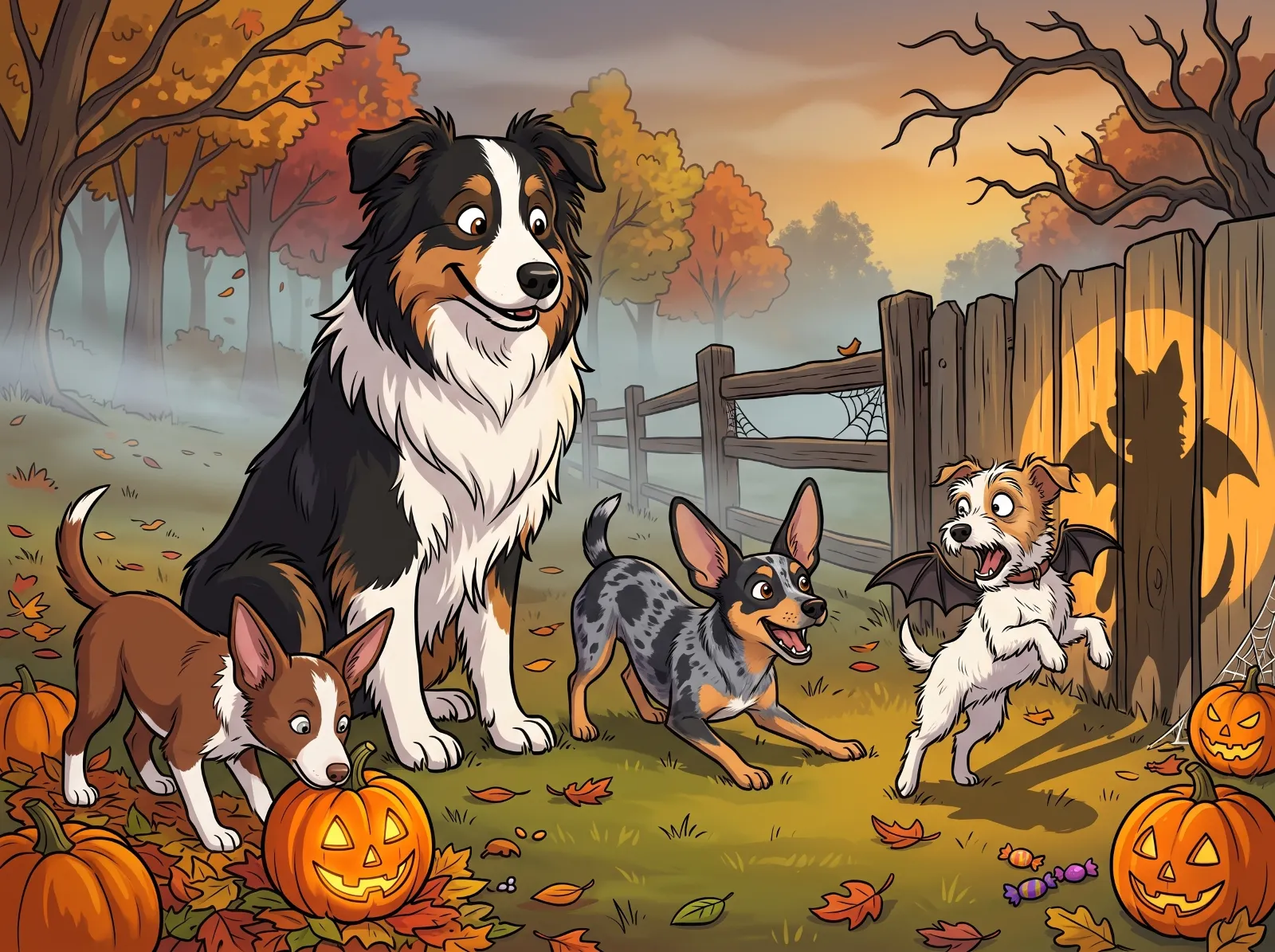 A cartoon illustration of dogs near carved pumpkins and a fence during autumn.