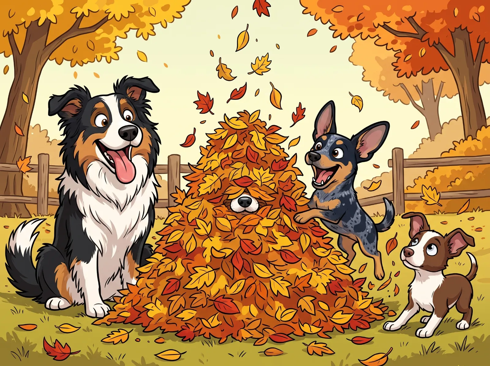A cartoon illustration of four dogs playing in a pile of autumn leaves outdoors.